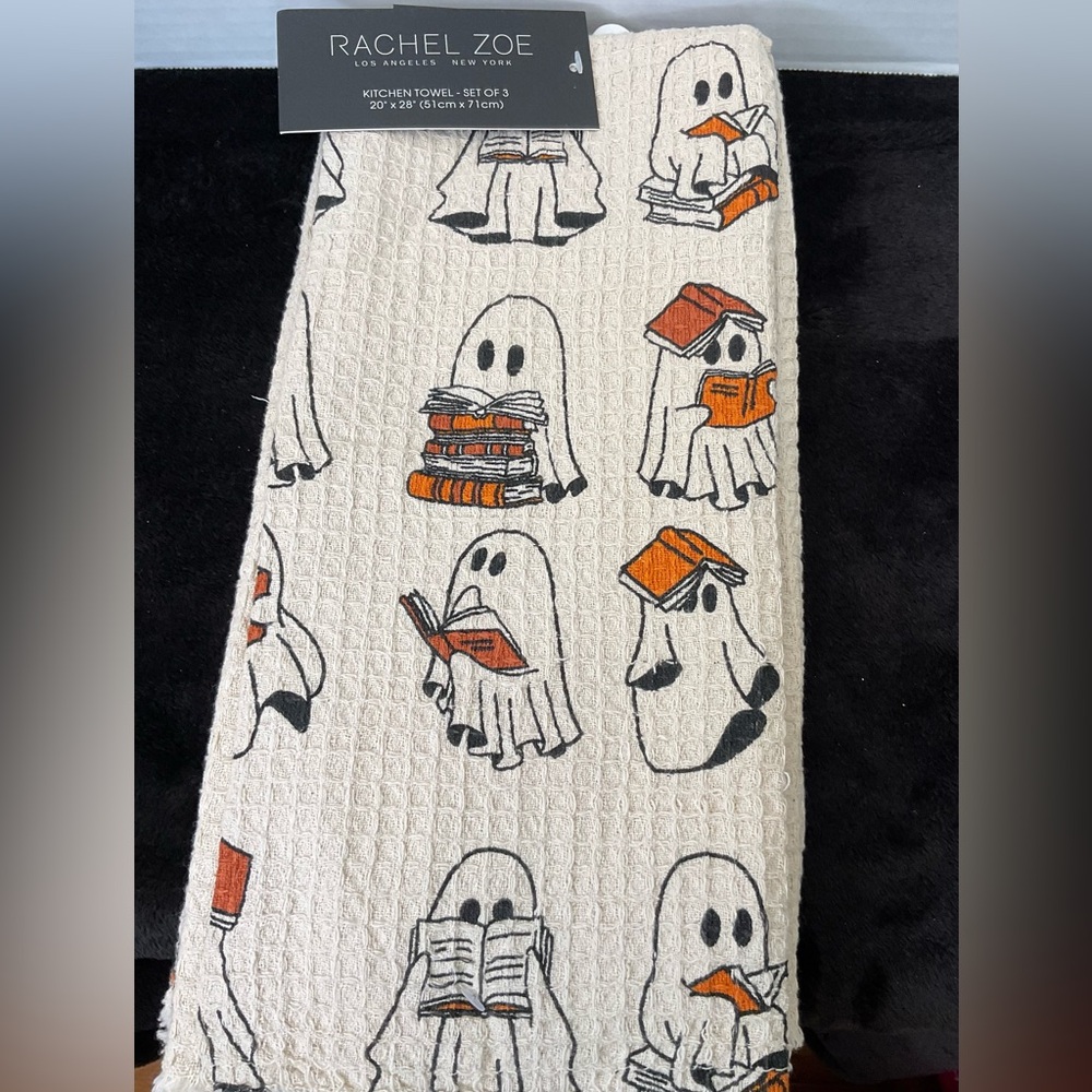 Rachel Zoe Beige, Orange and Black Ghost Reading Book Kitchen Towel (set of 3)